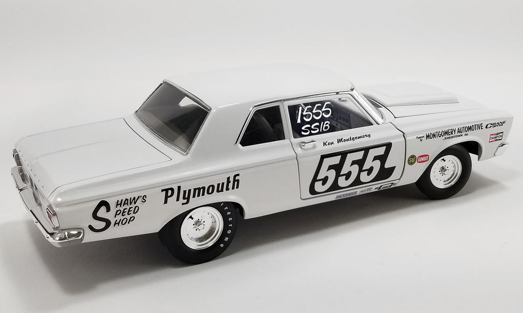 1/18 scale model of a 1965 Plymouth Belvedere Super Stock car with the number 555, 'Plymouth' text and other race decals on the side. 