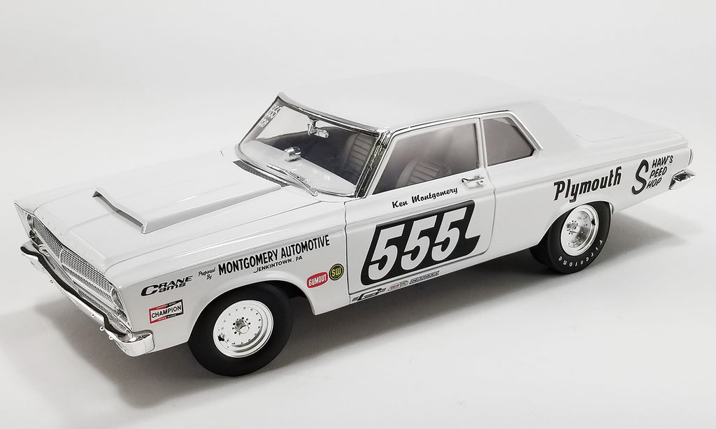 1/18 scale model of a 1965 Plymouth Belvedere Super Stock car with the number 555, 'Plymouth' text and other race decals on the side. 