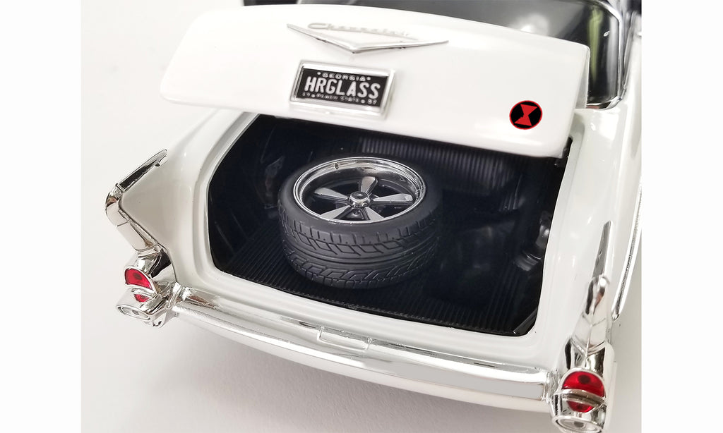 Close up of the trunk of a diecast model 1957 Chevrolet 150.