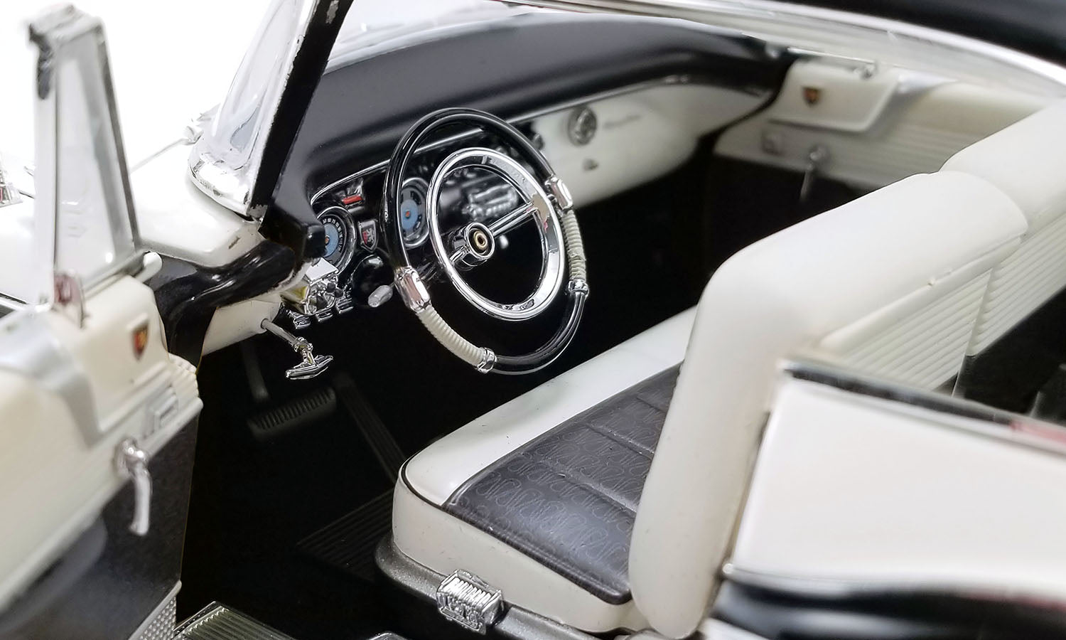 Interior view of a 1/18 scale model of a 1956 Chrysler New Yorker St. Regis car.