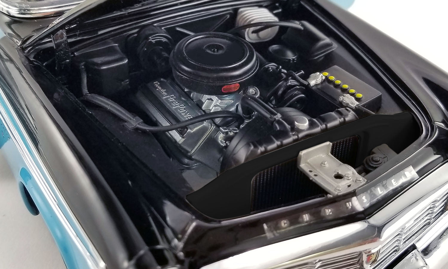 Close up of engine in a diecast model car.