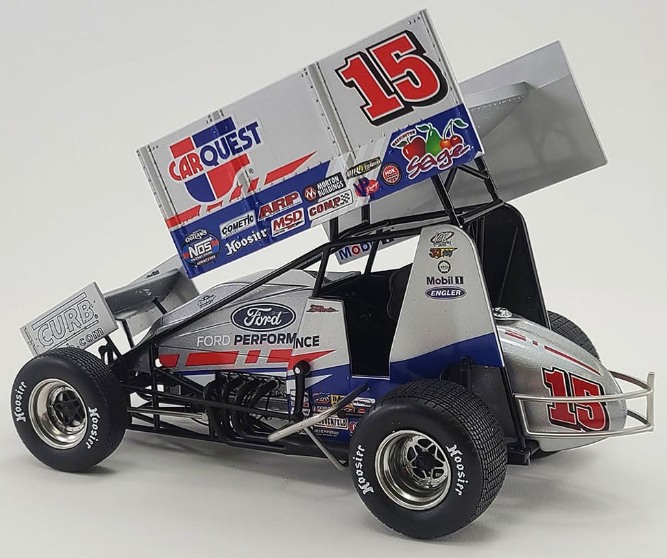 Diecast model of a 2021 Sprint Car gray and blue in color with the number 15 and Car quest logo on the side.