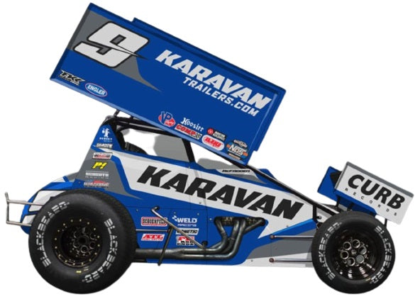 Diecast model sprint car in blue and white with advertising graphics on the sides.