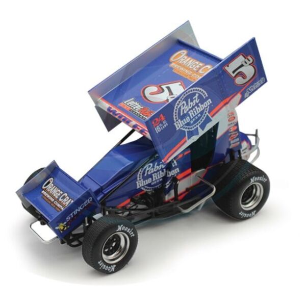 1/18 scale model of a blue and white sprint car with 'PABST Blue Ribbon Beer' sponsorship and the number 5W displayed on the side.