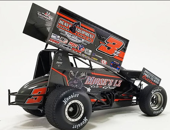 Diecast model sprint car with advertising graphics on the sides.