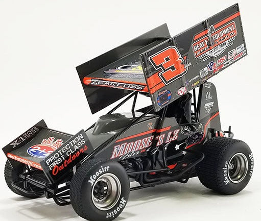 Diecast model sprint car with advertising graphics on the sides.