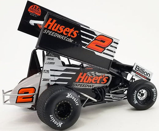 Diecast model sprint car with advertising graphics on the sides.