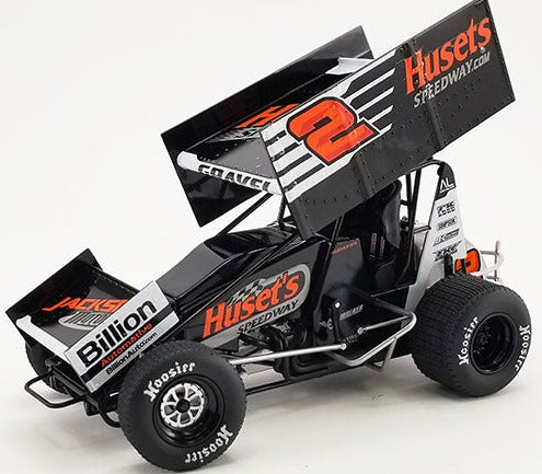 Diecast model sprint car with advertising graphics on the sides.