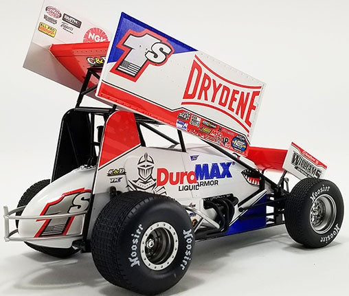 Diecast model sprint car with advertising graphics on the sides.