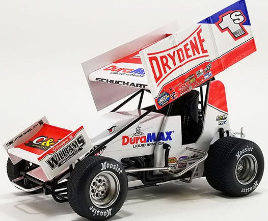 Diecast model sprint car with advertising graphics on the sides.