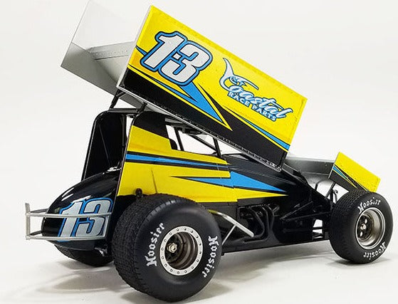 Diecast model of a black, blue, and yellow sprint car with "Coastal Race Part" and the number 13 on the side.