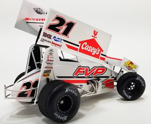 Diecast model sprint car with advertising graphics on the sides.