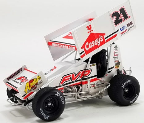 Diecast model sprint car with advertising graphics on the sides.