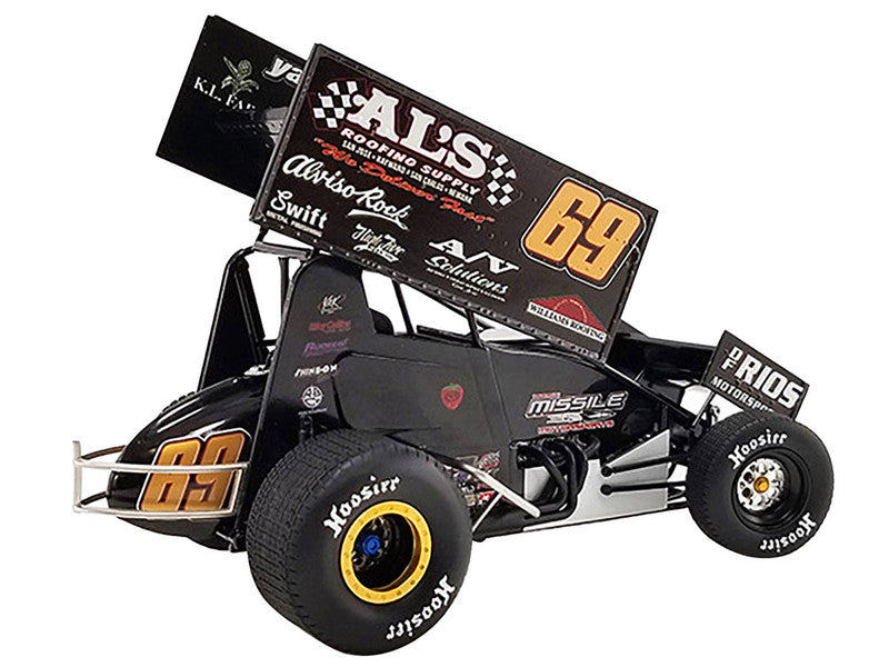 Diecast model sprint car with advertising graphics on the sides.