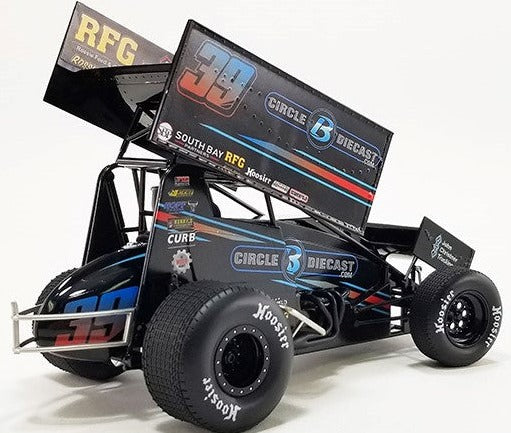 1/18 scale model of a black sprint car with "Circle B Diecast" Logo and the number 39.