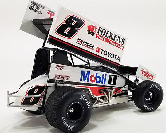 Diecast model sprint car with advertising graphics on the sides.