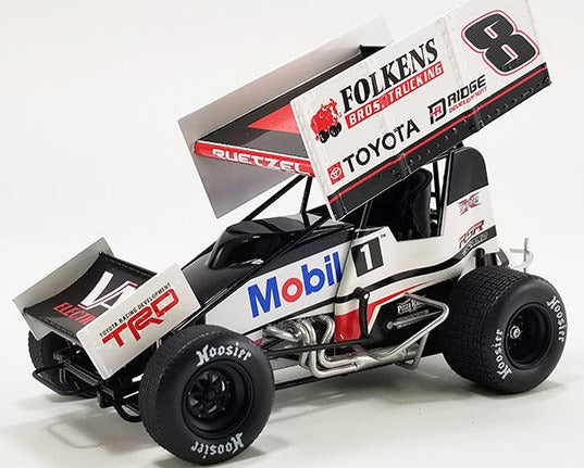 Diecast model sprint car with advertising graphics on the sides.