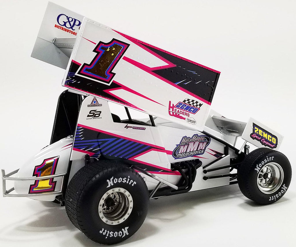 A 1/18 scale model of a sprint car with the number 1 and 'ZEMCO' branding, predominantly white with black and pink accents, featuring real rubber tires and a detailed chassis.
