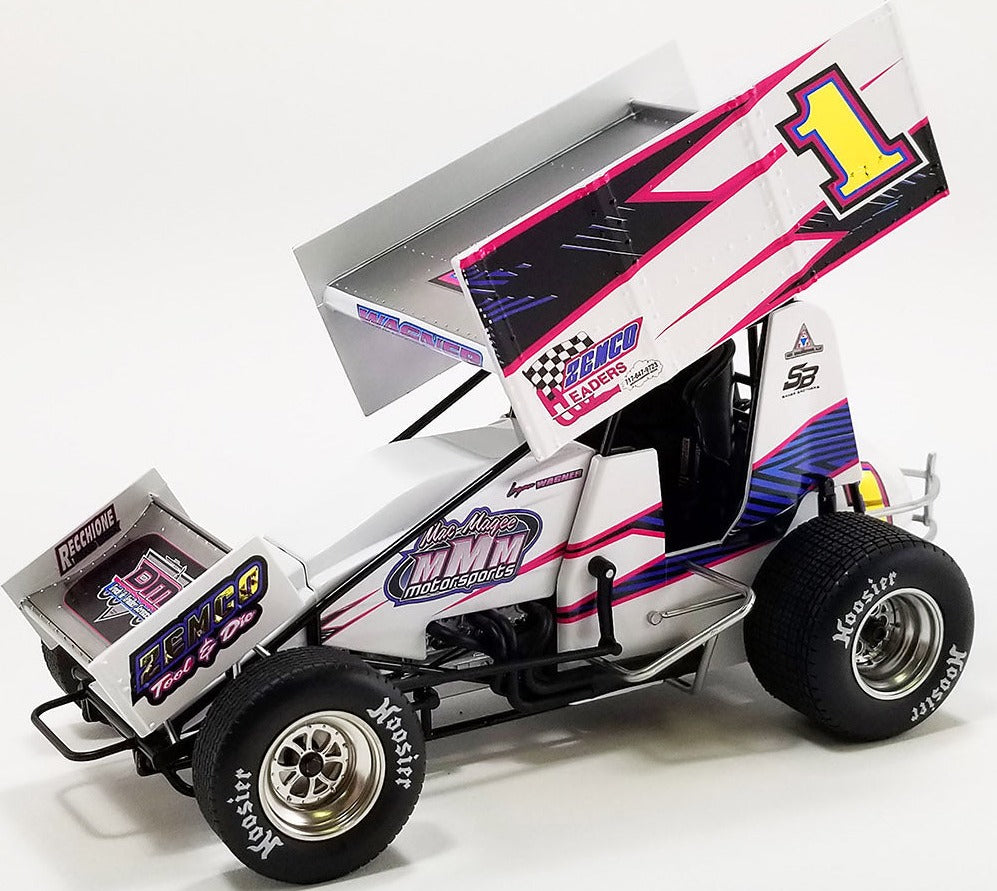 A 1/18 scale model of a sprint car with the number 1 and 'ZEMCO' branding, predominantly white with black and pink accents, featuring real rubber tires and a detailed chassis.