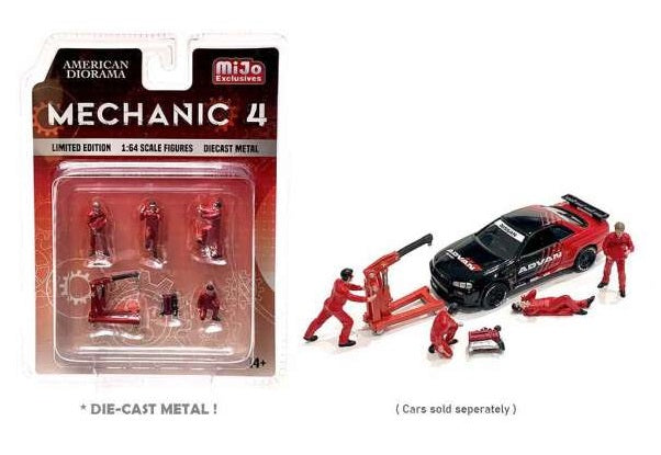 Package of mechanic figures wearing red and the same figures set up  with a car.