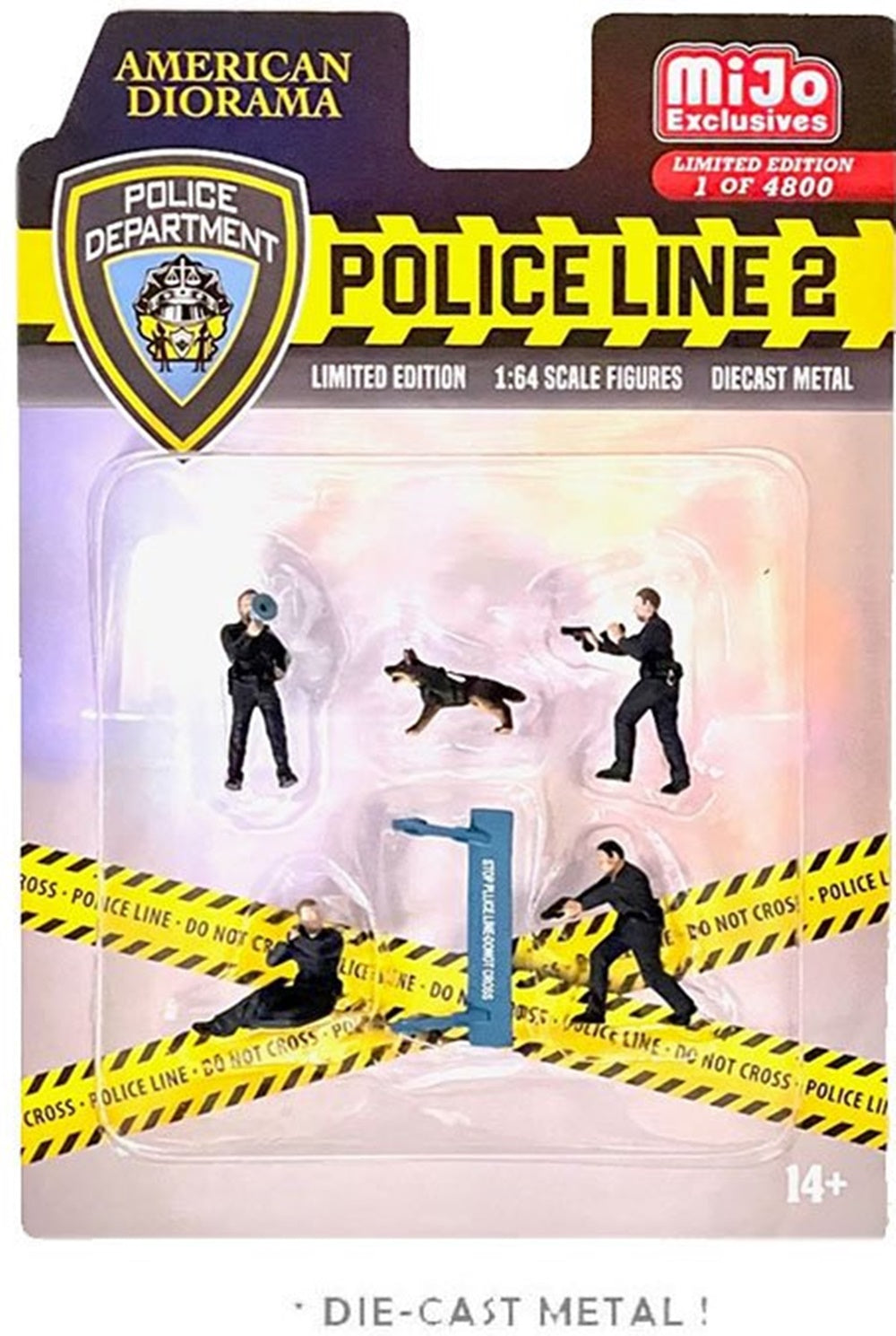 Package of 4 police figures, 1 dog, and 1 blue police barricade.