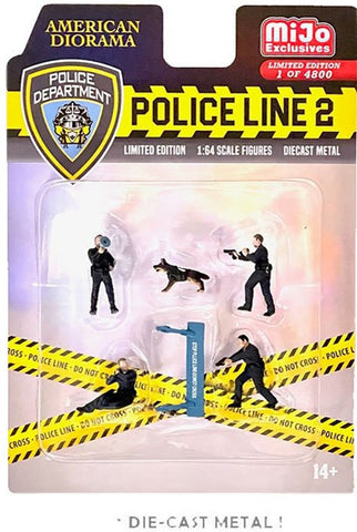 Package of 4 police figures, 1 dog, and 1 blue police barricade.