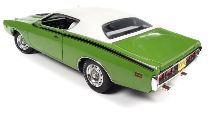 A green 1971 Dodge Charger Super Bee scale model car.