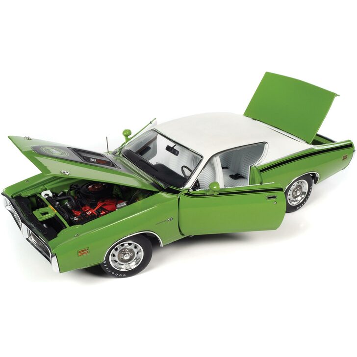A green 1971 Dodge Charger Super Bee scale model car showing opening doors, hood, and trunk.