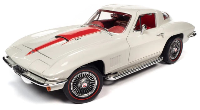 1/18 scale model of a 1967 Chevy Corvette 427 Coupe with white body and red stripes.