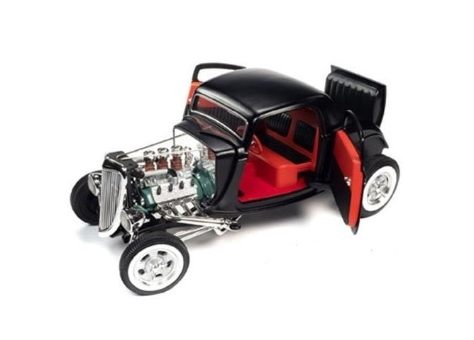 A 1/18 scale model of a 1934 Ford 3 Window Coupe showing opening doors and trunk.