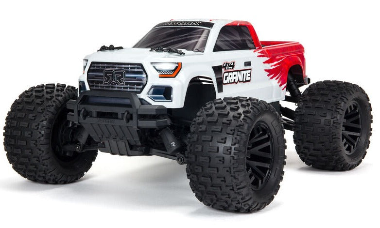 Front view of white and red monster truck with lexan body.