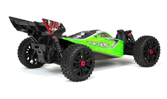 Rear and side view of green buggy with word "TYPHON" printed on the side.