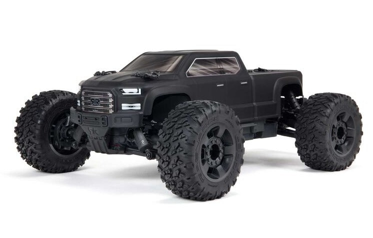 Front view of black monster truck with lexan body.