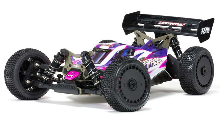 Front and side view of pink and purpe buggy.