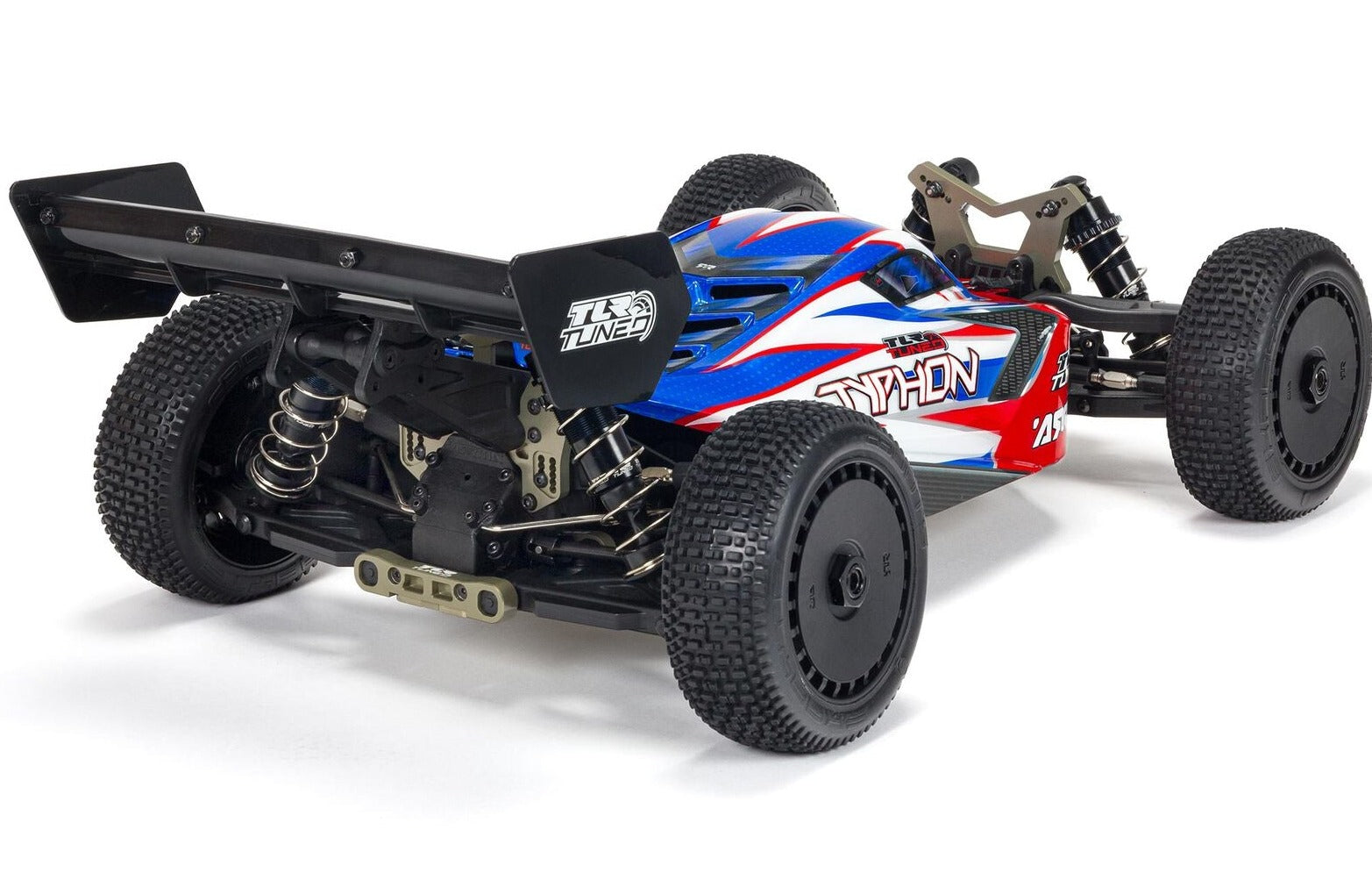 Rear and side view of blue and white buggy.