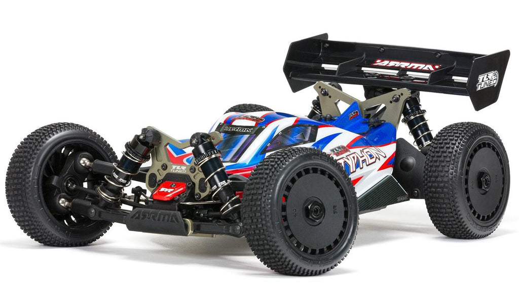 Front and side view of blue and white buggy.