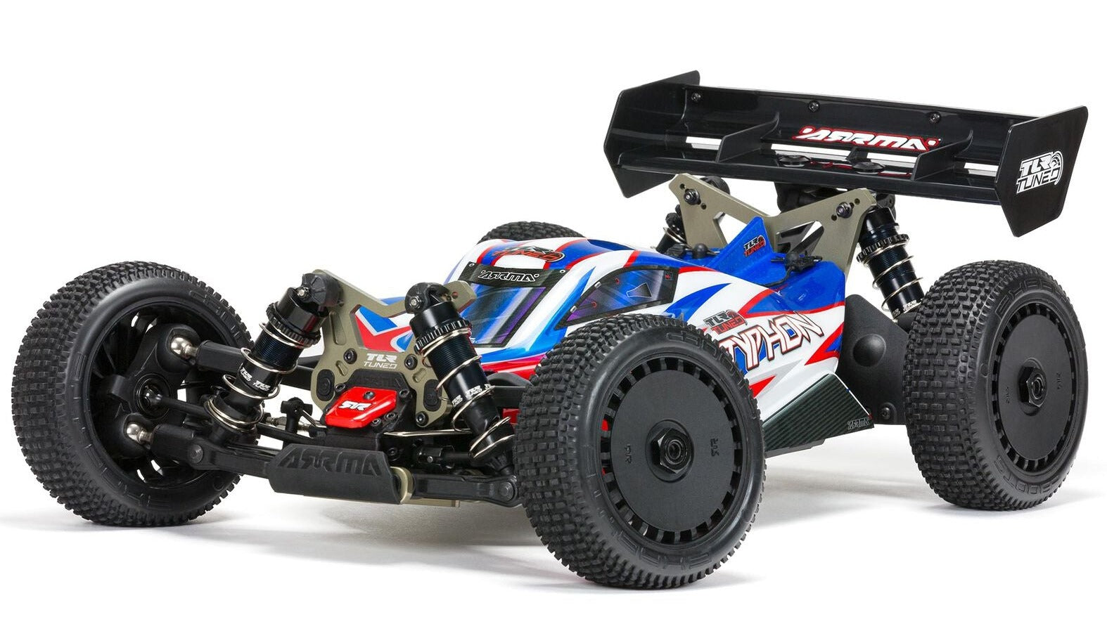 Front and side view of blue and white buggy.