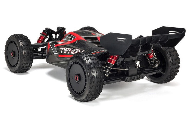 Rear and side view of red and gray buggy.