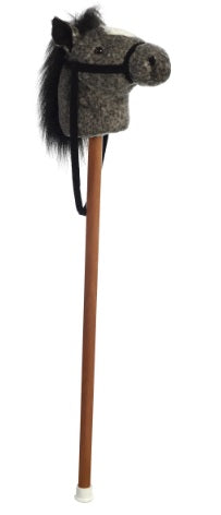 Hobby horse with dark gray fur and black mane.