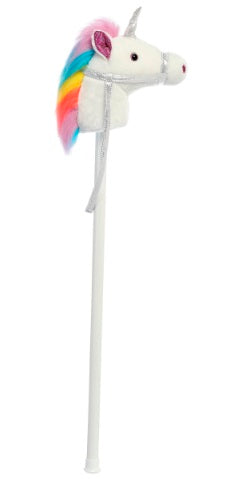 A white plush unicorn ride-on stick pony toy with a rainbow mane and a horn, designed for children.