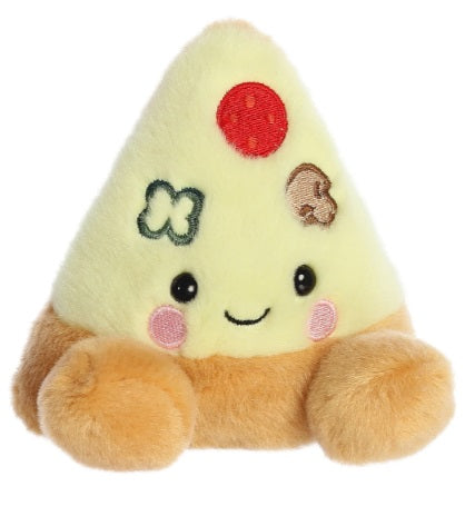 A plush toy resembling a slice of pizza with a character's face and toppings details.