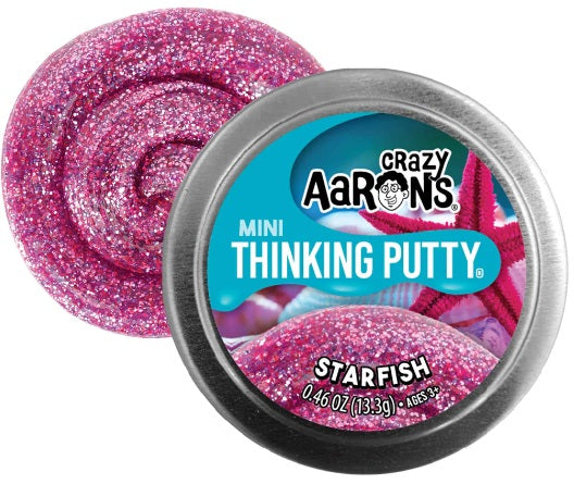 Round metal tin with pink sparkly swirl of putty.