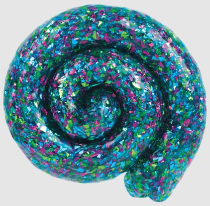 Swirl of blue putty with green, blue, and purple shapes in it.