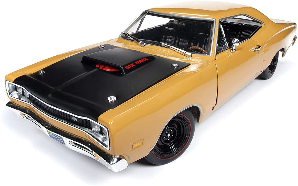 1/18 scale diecast model of a 1969 1/2 Dodge Super Bee in Butterscotch with black hood.