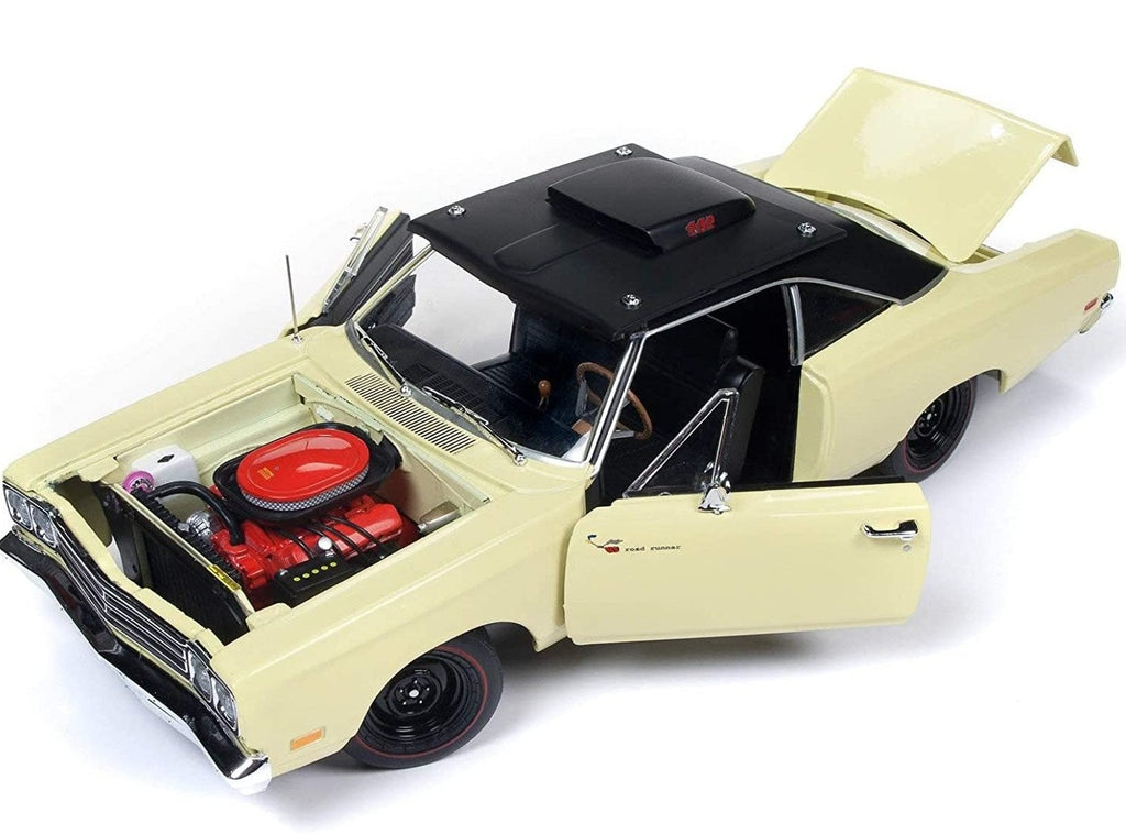 A 1/18 scale model of a 1969.5 Plymouth Road Runner Coupe in sunfire yellow with showing removable hood and opening doors and trunk.