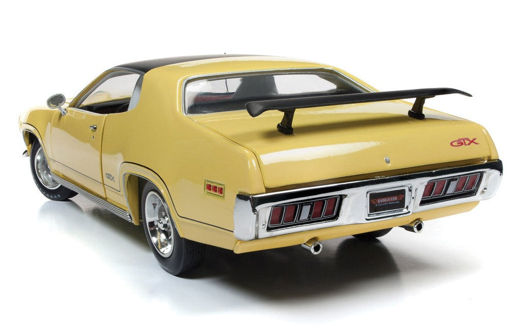 1/18 scale model of a yellow 1971 Plymouth GTX Hardtop.