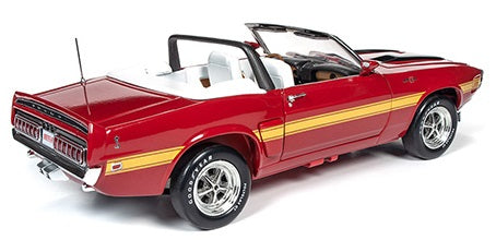 A 1/18 scale model of a 1970 Ford Shelby GT500 Convertible in red color with yellow stripe and white interior.  Convertible roof is open.