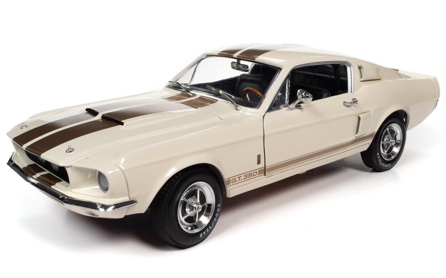 A diecast model of a 1967 Shelby GT-350 in white with gold stripes.