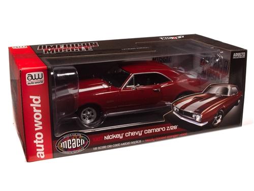 1/18 Scale diecast model car of a  red 1967 Camaro Z/28 with White stripes in box with a clear display window.