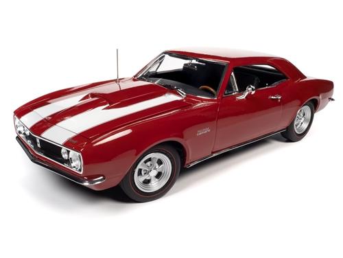 1/18 Scale diecast model car of a  red 1967 Camaro Z/28 with White stripes.